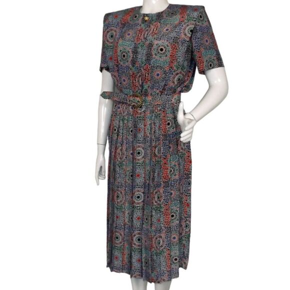 LESLIE FAY Dress, 8, Mandala/Geo print, Pleated Skirt, Shoulder pads, Short slv - Picture 4 of 15
